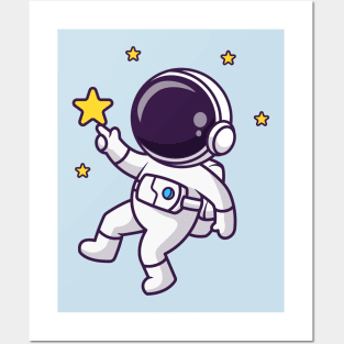 Cute Astronaut Floating And Catching Star Cartoon Posters and Art